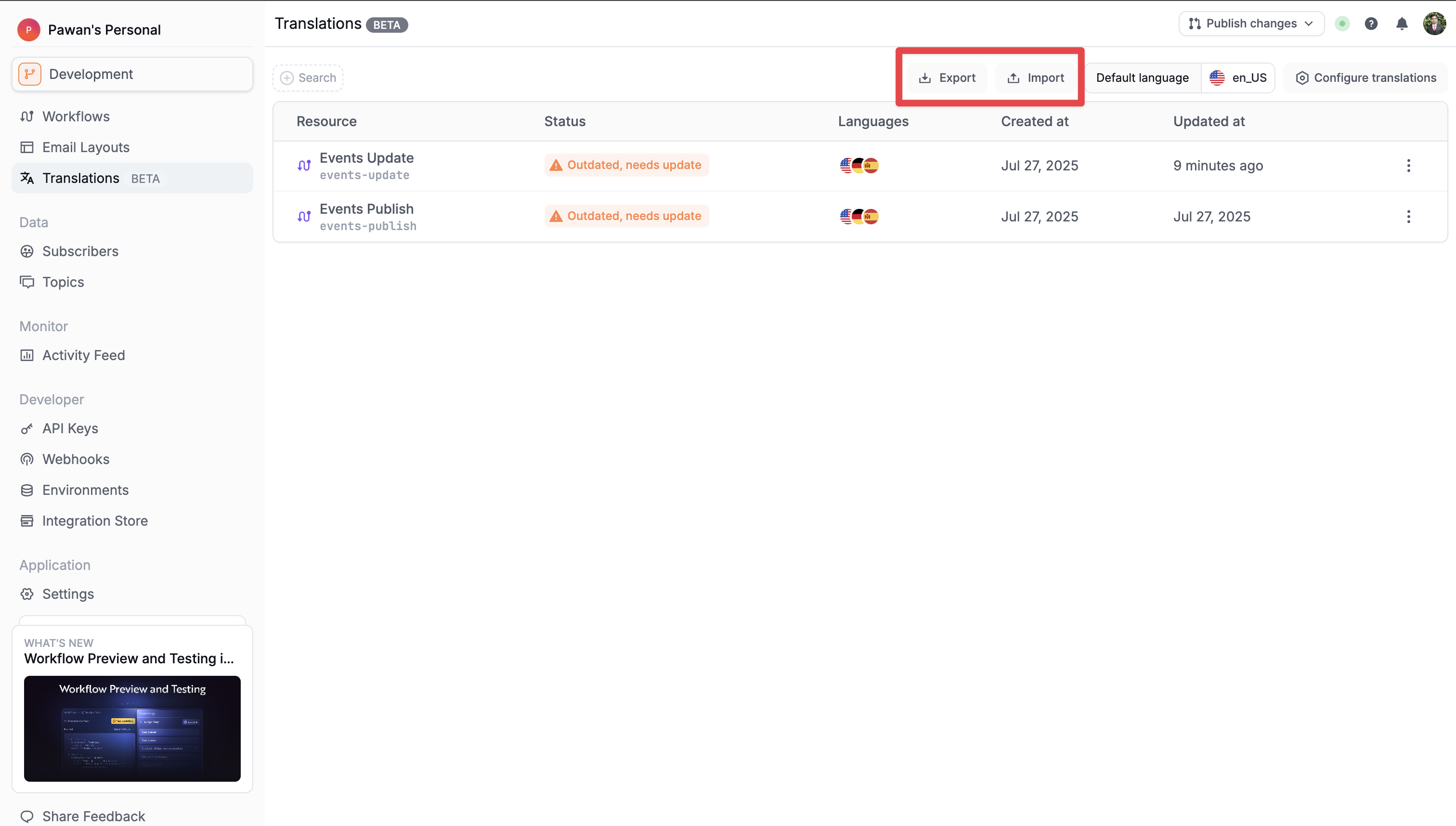 Master JSON file export and import options